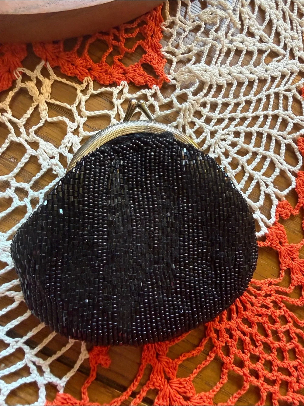 Vintage Black Hand Beaded Kiss Lock Evening Purse